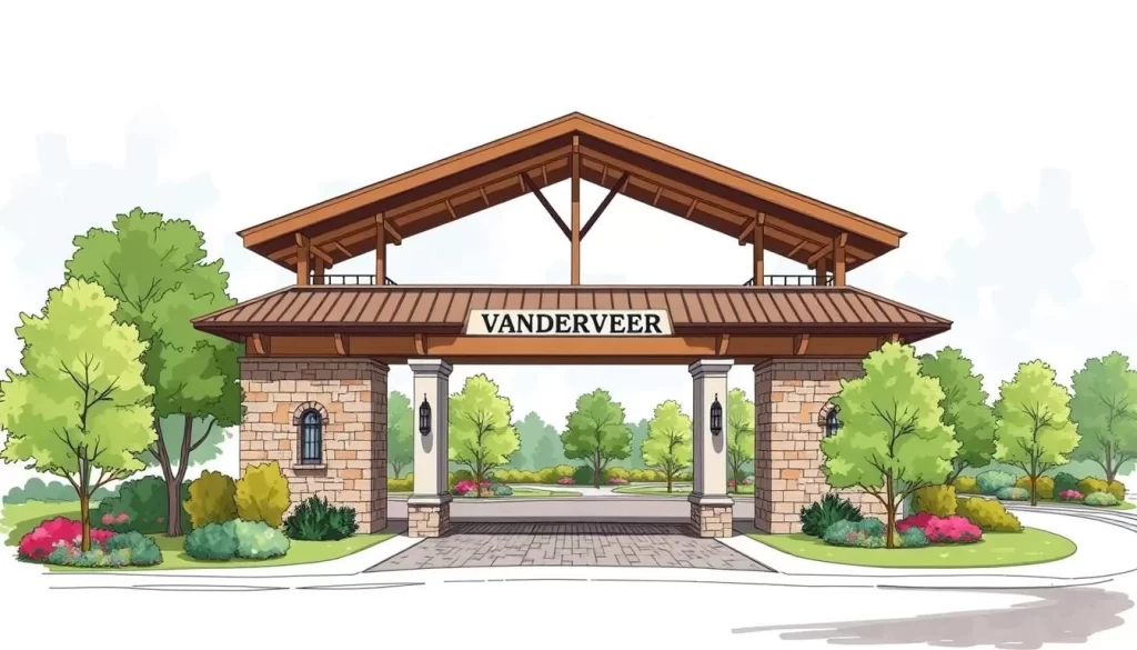 Generate an image of the Vander Veer Botanical Park's main entrance Generate an image of the Vander Veer Botanical Park's main entrance