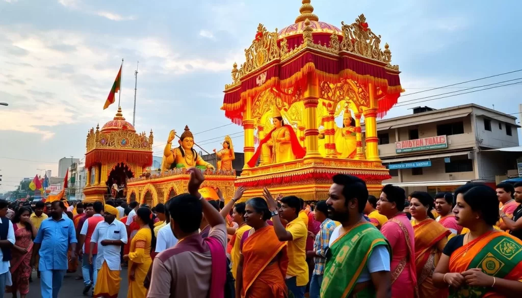 Generate an image of the Vel Festival procession in Colombo, Sri Lanka, showcasing the ornate chariot and devotees.