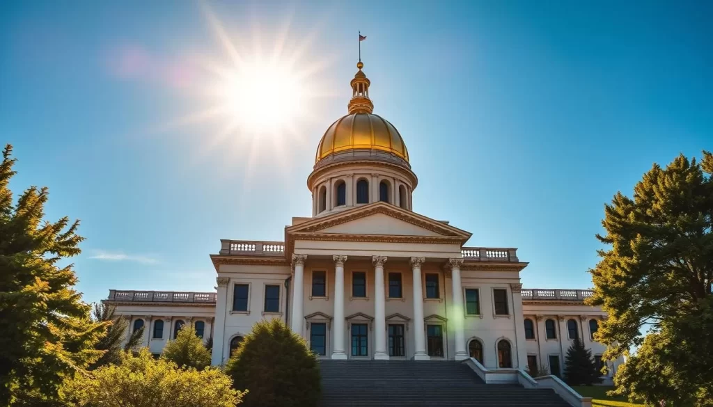 Generate an image of the Vermont State House with its golden dome shining brightly under the sunlight.