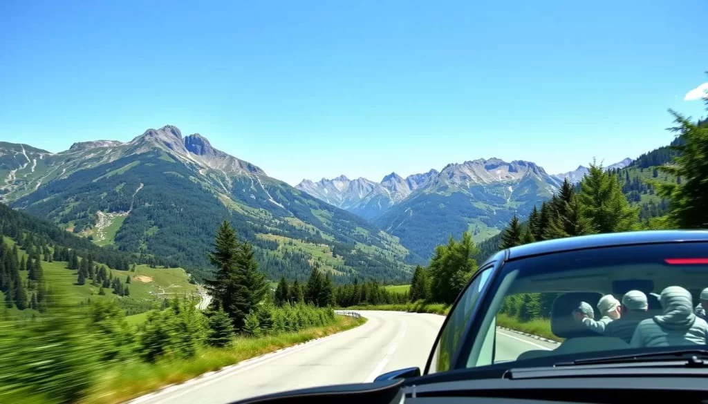 Generate an image of the Villach Alpine Road with a car driving through a scenic mountain landscape.