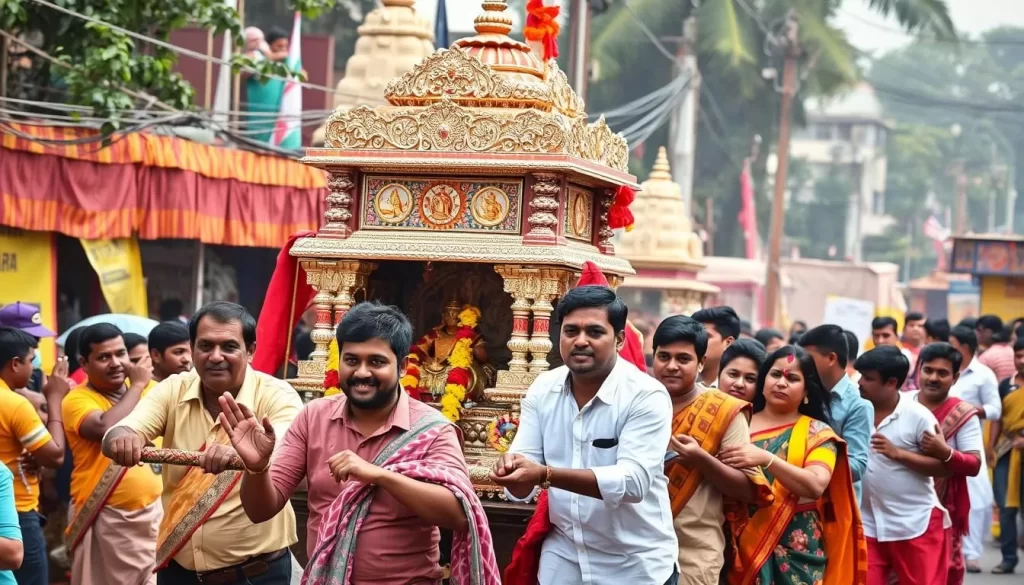 Generate an image of the Villianur Temple Car Festival, showcasing the elaborately decorated temple car being pulled by devotees.