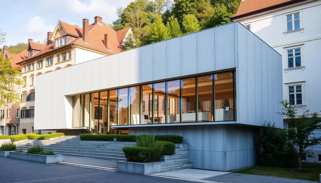 Generate an image of the Vorarlberg Museum's exterior, showcasing its modern architecture amidst historical surroundings.