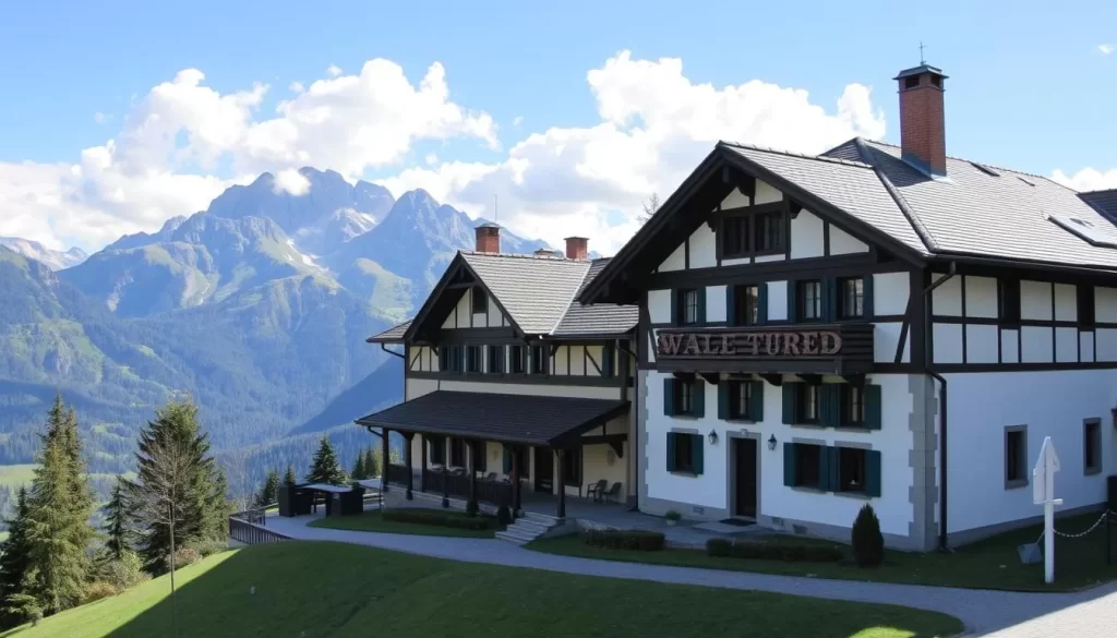 Generate an image of the Walser Museum in Triesenberg, showcasing its traditional architecture and the surrounding Alpine landscape.