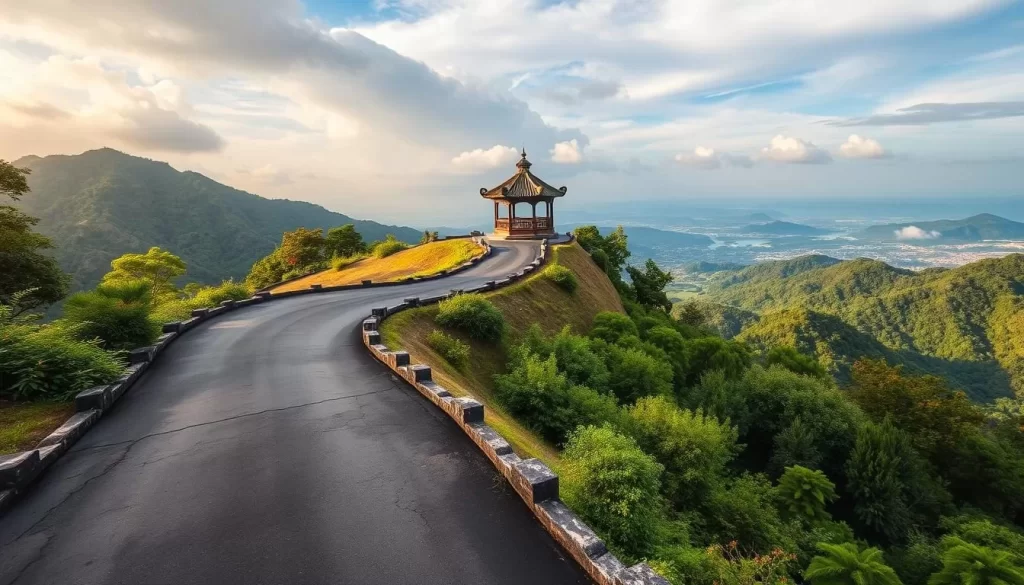 Generate an image of the Wang Kelian View Point with a winding road and a gazebo at the peak.