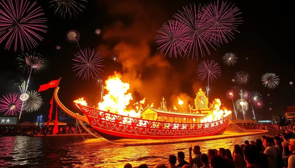 Generate an image of the Wang Yeh Boat Burning Festival in Donggang, Taiwan, showcasing the elaborate boat being burned.
