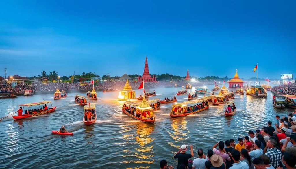 Generate an image of the Water Festival in Phnom Penh, showcasing the vibrant boat races on the Tonle Sap River.