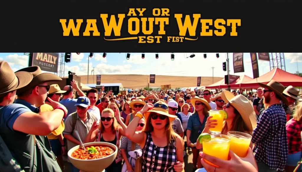 Generate an image of the Way Out West Fest, with attendees enjoying live country music, chili, and margaritas.