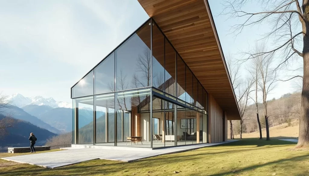 Generate an image of the Werkraum Bregenzerwald, a minimalist glass structure designed by Peter Zumthor, showcasing local craftsmanship.