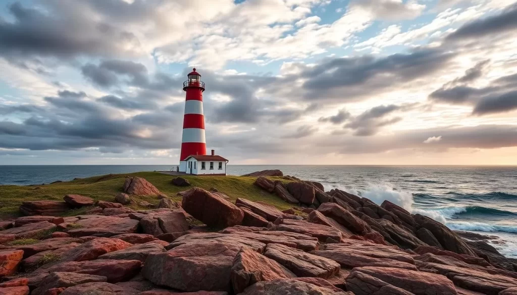 Generate an image of the West Quoddy Head Lighthouse with its distinctive red and white stripes, set against a dramatic coastal backdrop.