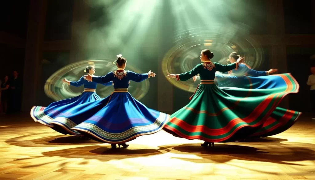 Generate an image of the Whirling Dervishes in performance, capturing their mesmerizing spinning motion.