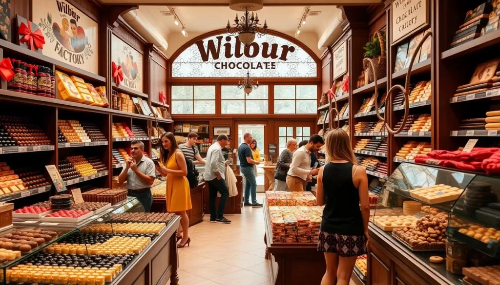 Generate an image of the Wilbur Chocolate Factory Store interior with chocolate displays and happy customers.