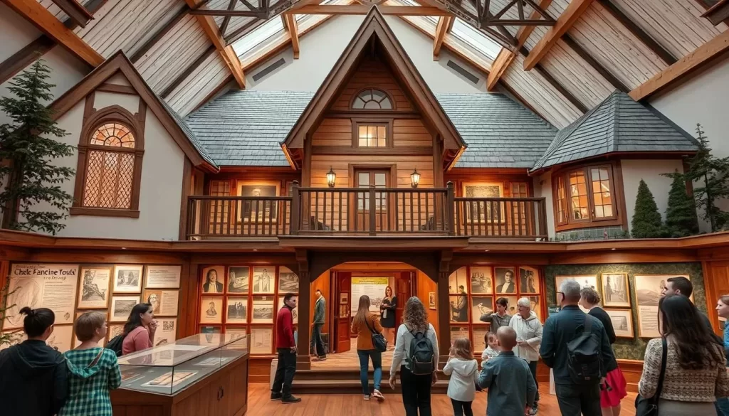Generate an image of the Wilderness House with its unique architecture and visitors engaging with the exhibition.