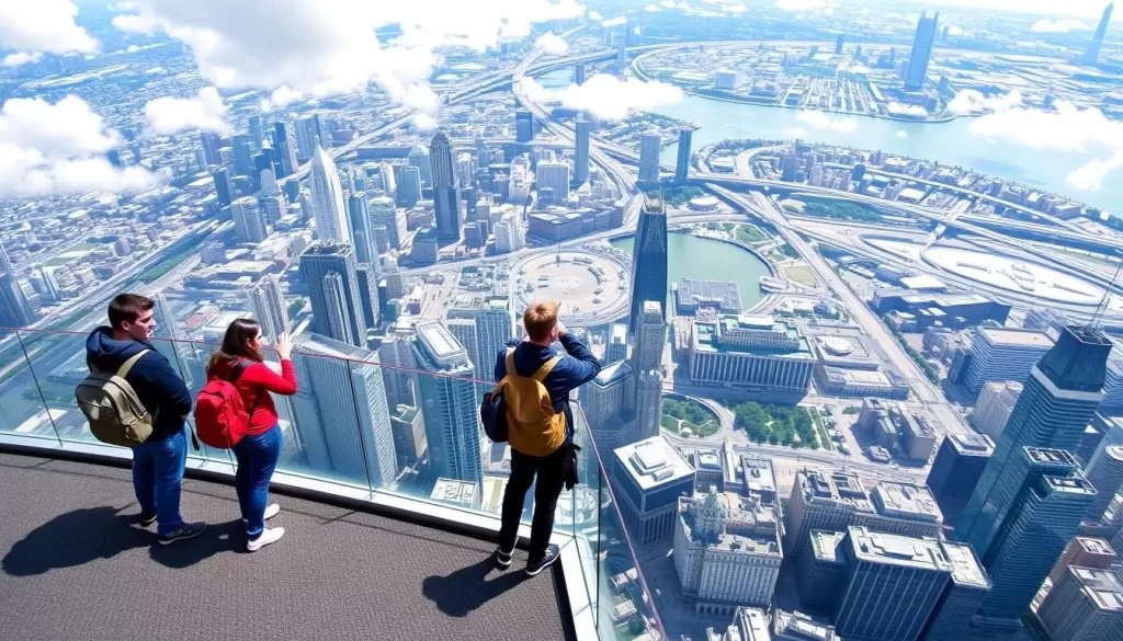 Generate an image of the Willis Tower Skydeck with people on The Ledge, experiencing the thrill of being high above Chicago.