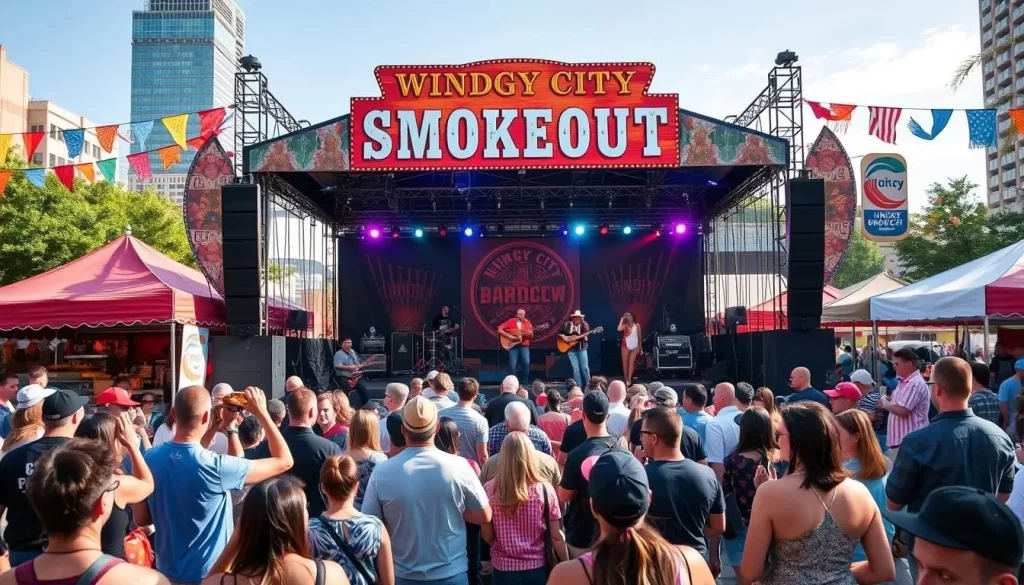 Generate an image of the Windy City Smokeout festival with a stage featuring a country music performance and attendees enjoying barbecue.