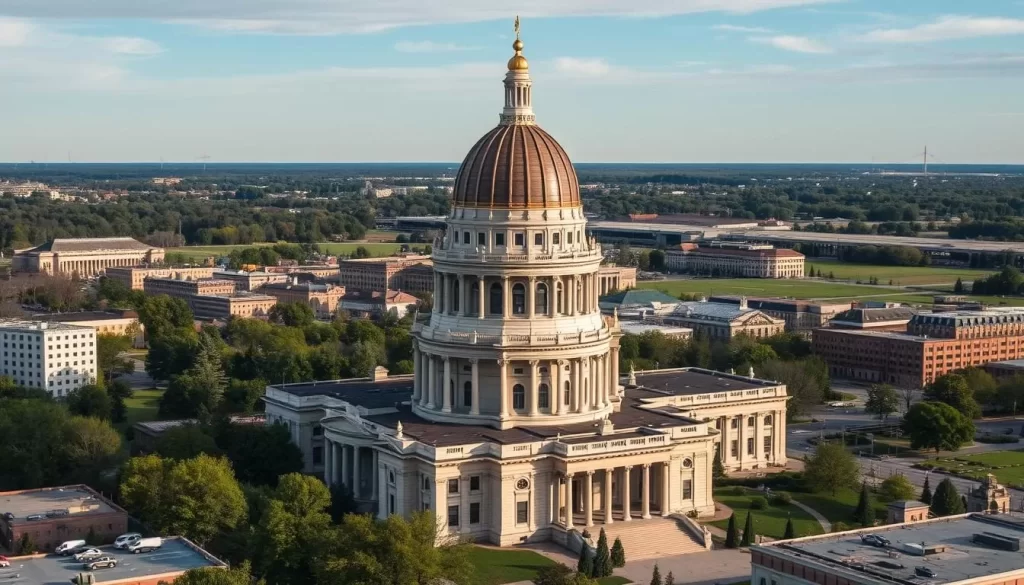Generate an image of the Wisconsin State Capitol building with its distinctive dome visible from many places throughout the city.