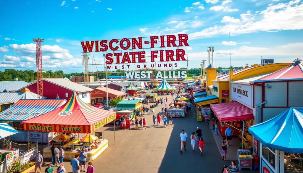 Generate an image of the Wisconsin State Fairgrounds in West Allis, with agricultural exhibits, food vendors, and family-friendly activities.