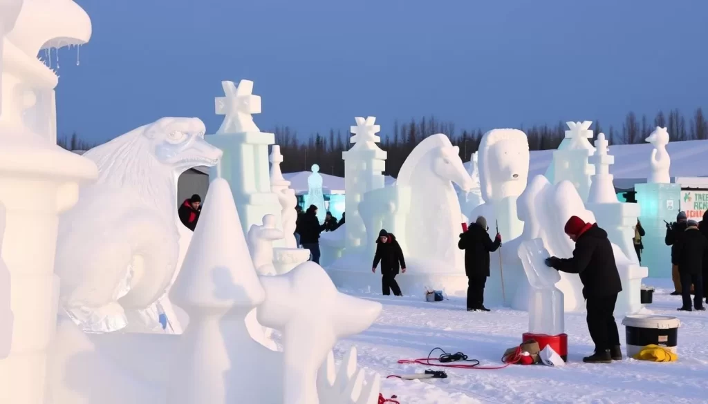 Generate an image of the World Ice Art Championship in Fairbanks, Alaska, with intricate ice sculptures and artists at work.