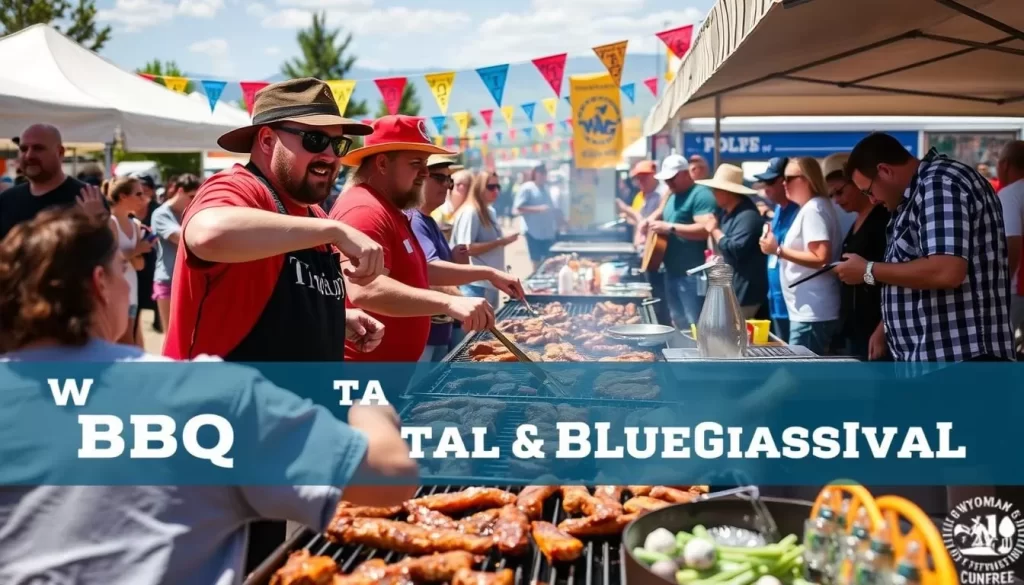 Generate an image of the Wyoming State BBQ Championship & Bluegrass Festival, featuring a BBQ team competing and attendees enjoying the event.
