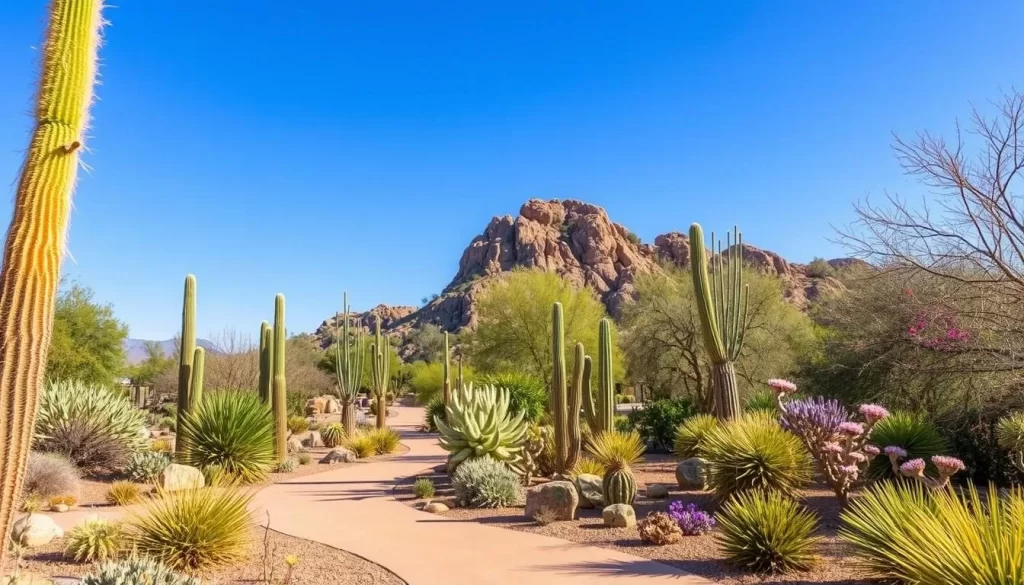 Generate an image of the Xeriscape Botanical Gardens in Glendale, Arizona, showcasing its diverse desert plants and walking paths.