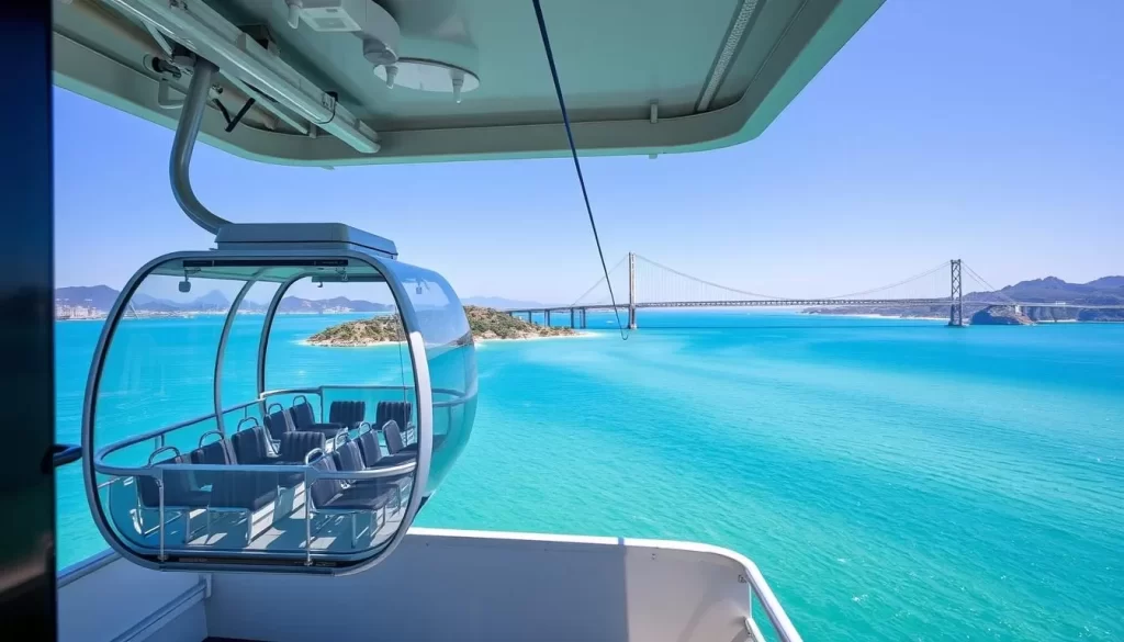 Generate an image of the Yeosu Maritime Cable Car with crystal cabins crossing over the azure waters and Dolsan Bridge.