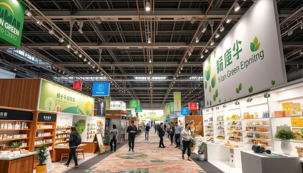 Generate an image of the Yilan Green Expo's main exhibition hall, showcasing eco-friendly products and sustainable practices.