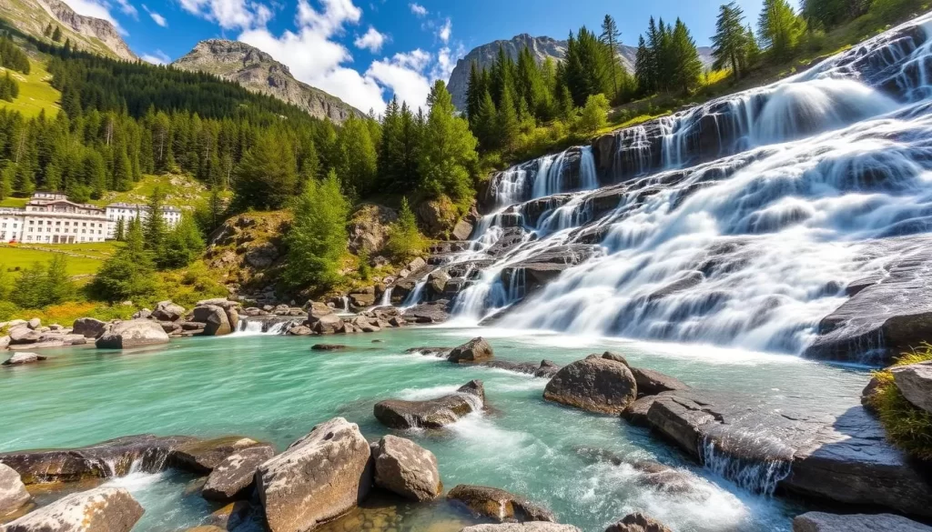 Generate an image of the breathtaking Krimml Waterfalls, one of the main attractions in Hohe Tauern National Park.