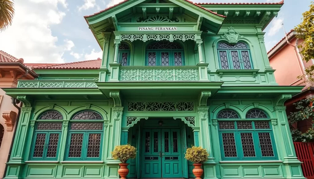 Generate an image of the distinctive green façade of Pinang Peranakan Mansion