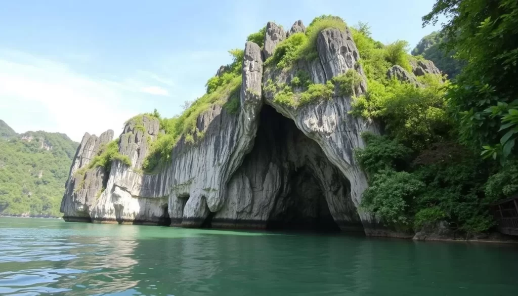 Generate an image of the entrance to Diamond Cave on Railay Beach, Thailand, with its unique limestone formations.