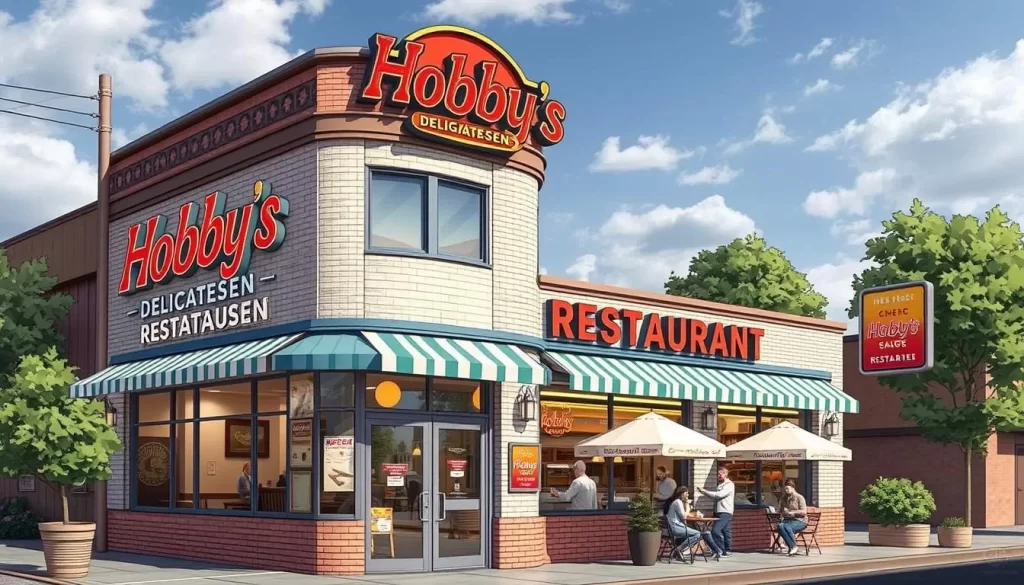 Generate an image of the exterior of Hobby's Delicatessen and Restaurant