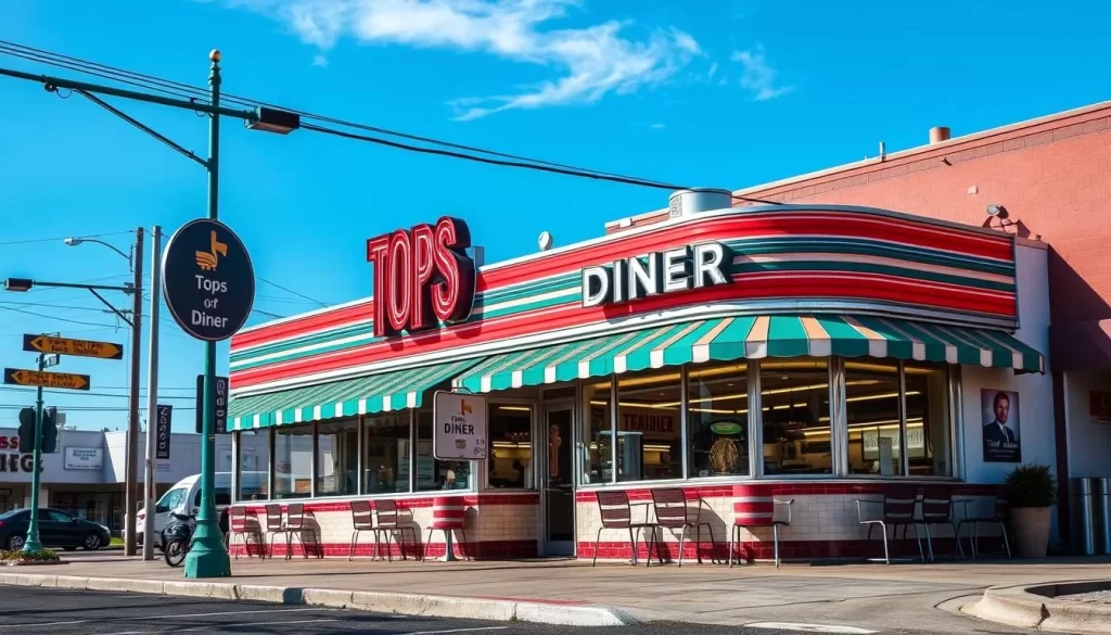 Generate an image of the exterior of Tops Diner on Passaic Avenue, showcasing its classic diner architecture.
