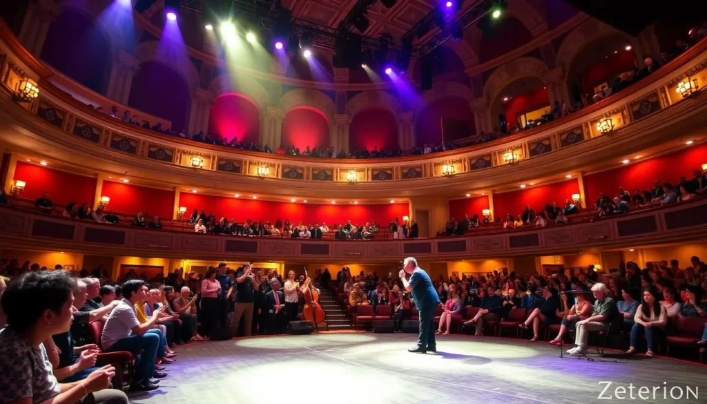 Generate an image of the historic Zeiterion Performing Arts Center, showcasing its beautifully renovated interior and a lively performance.