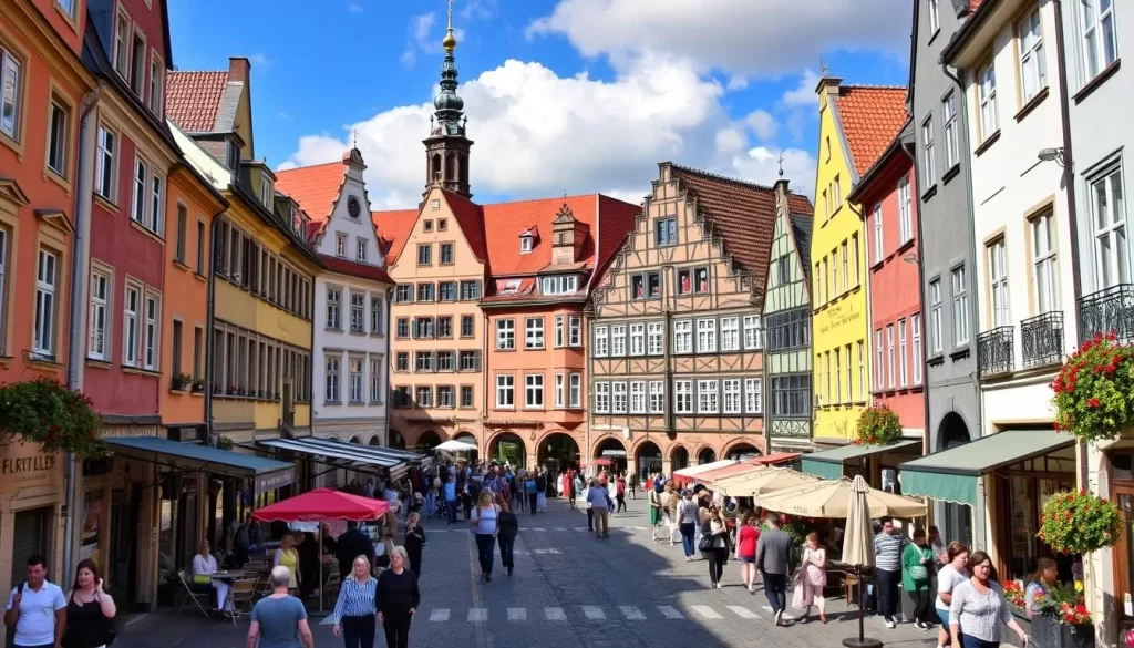 Generate an image of the historic center of St. Pölten with its colorful buildings and lively streets.