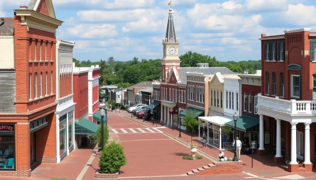 Generate an image of the historic downtown area of Corinth, Mississippi, showcasing its charming streets and blend of old and new architecture.