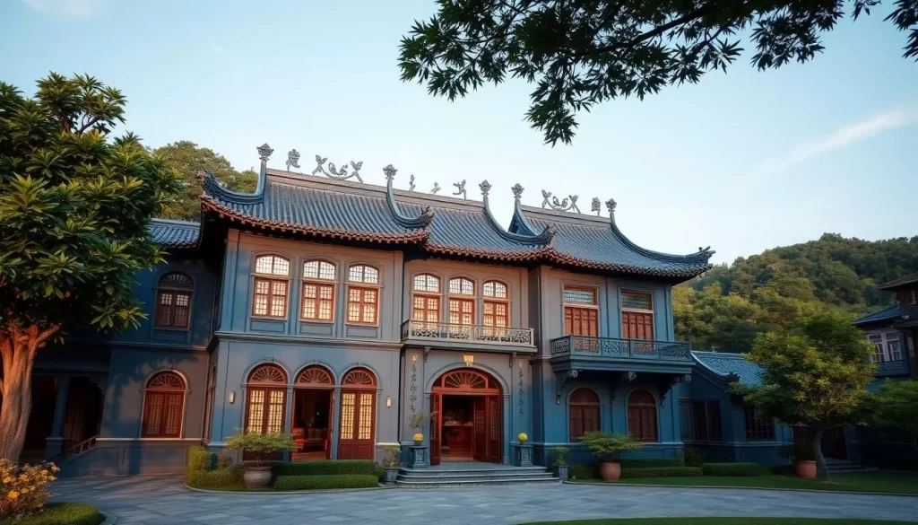Generate an image of the indigo-blue exterior of Cheong Fatt Tze Mansion