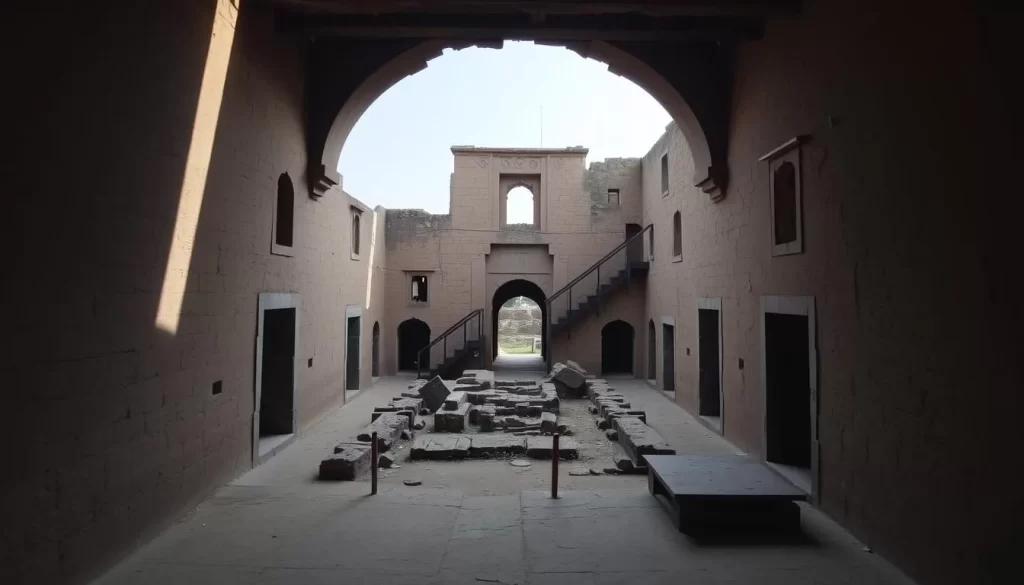 Generate an image of the interior of Diu Fort, showcasing its historic corridors, ramparts, and ancient ruins.