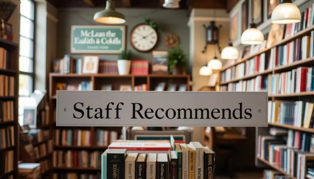 Generate an image of the interior of McLean and Eakin Bookstore, highlighting its "Staff Recommends" shelf.