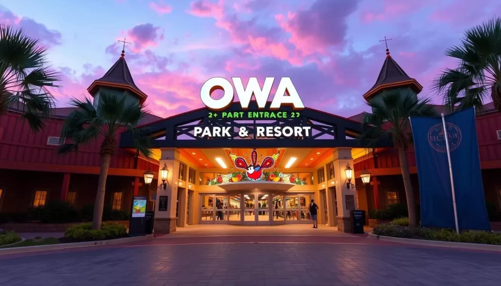 Generate an image of the main entrance of OWA Parks & Resort in Foley, Alabama, showcasing its vibrant atmosphere.