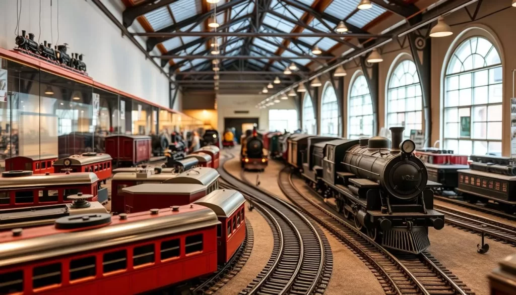 Generate an image of the museum's interior with model trains on display.