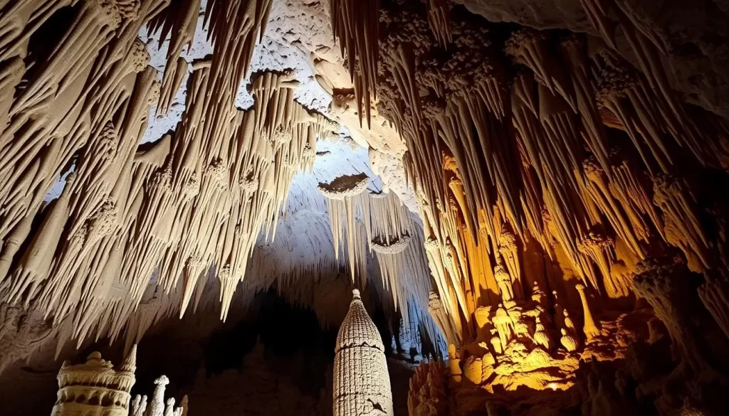 Generate an image of the stunning stalactites and stalagmites inside Carlsbad Caverns.