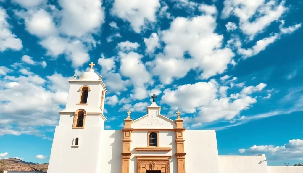 Generate an image of the stunning white facade of Mission San Xavier del Bac against a clear desert sky.