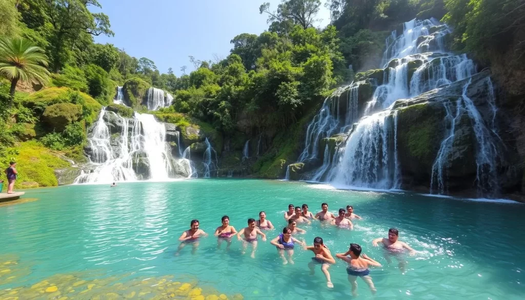 Generate an image of the third tier of Pala-U Waterfall, highlighting the deep pool where visitors can swim.