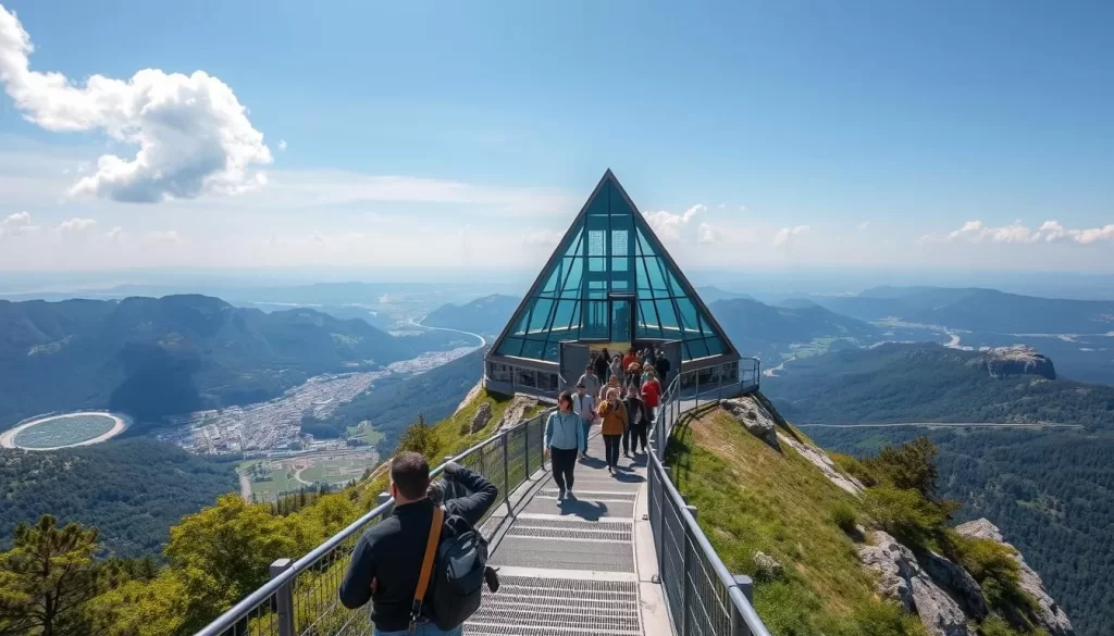 Generate an image of visitors ascending to the Pyramidenkogel observation deck