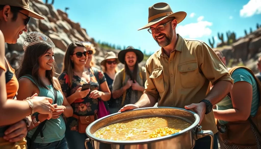 Generate an image of visitors at Big Thunder Gold Mine, with a guide demonstrating gold panning techniques.