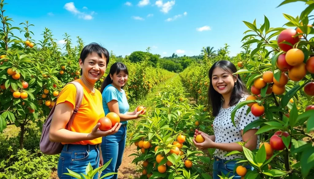 Generate an image of visitors picking fruits at Lenggeng Eco Agro Farm.