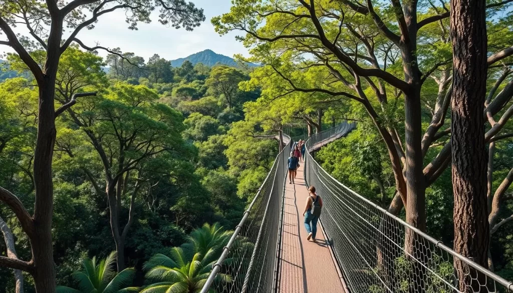Generate an image of visitors walking on the Treetop Walkway surrounded by fever trees.