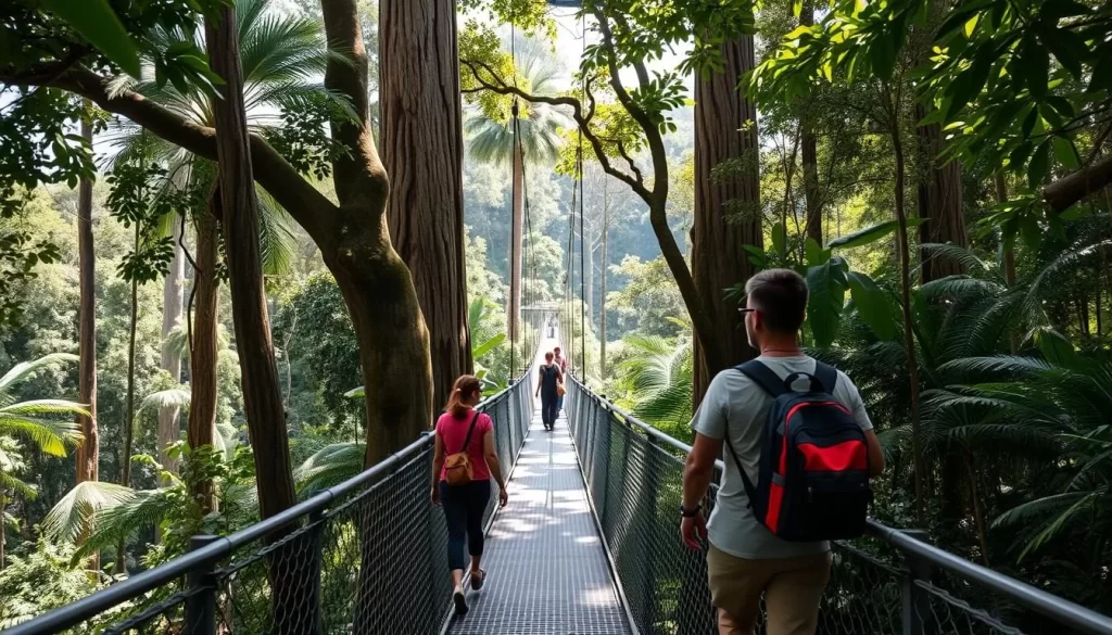 Generate an image of visitors walking on the canopy walkway in Taman Negara National Park