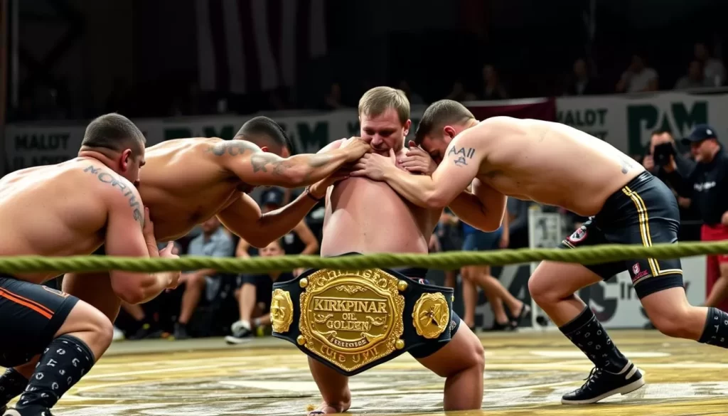 Generate an image of wrestlers competing in the Kirkpinar Oil Wrestling Festival, with the Kirkpinar Golden Belt as the prize.