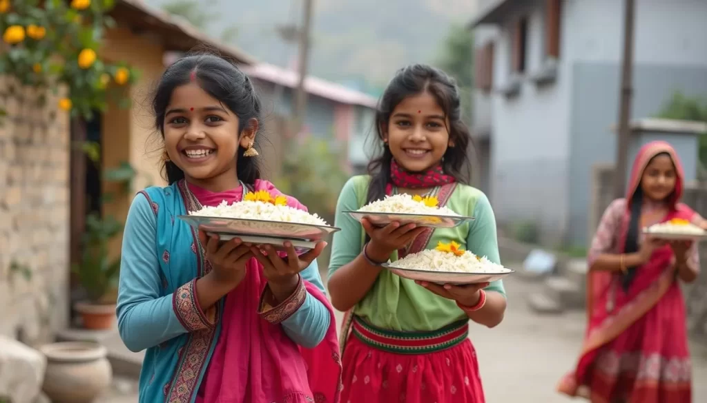 Generate an image of young girls in traditional Uttarakhand attire, carrying plates of flowers and rice, visiting households during Phool Dei celebrations.