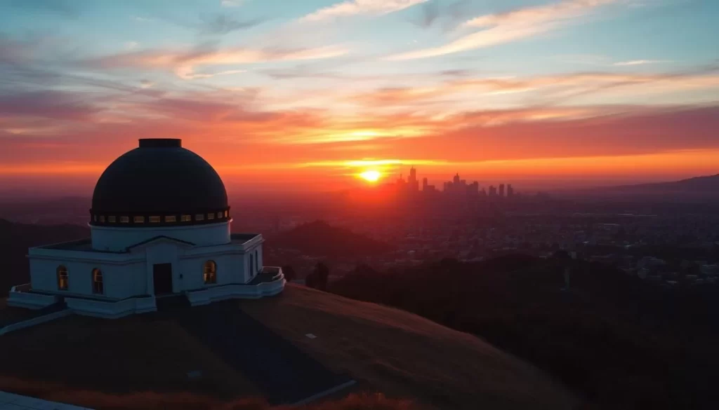 Griffith Observatory bathed in warm golden light, perched atop the iconic Mount Hollywood as the sun dips below the horizon, casting a breathtaking glow over the cityscape of Los Angeles below. Capture the sweeping vistas of the cityscape with the iconic building silhouetted against the vibrant orange and pink hues of the sky. Utilize a wide, cinematic angle to showcase the expansive view, with the details of the observatory's distinctive architecture rendered in striking clarity. Convey a sense of tranquility and wonder as the day transitions into night, with the city lights beginning to twinkle in the distance.