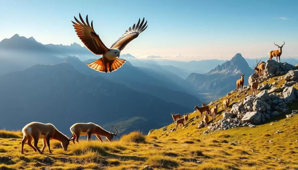 Grossglockner wildlife: A breathtaking alpine landscape with majestic peaks and lush meadows. In the foreground, a family of chamois grazes peacefully, their agile movements capturing the essence of the region. In the middle ground, a golden eagle soars effortlessly on the updrafts, its sharp eyes scanning the terrain for prey. In the distance, a herd of ibex navigates the rocky outcrops, their sure-footed steps a testament to the rugged beauty of the Grossglockner High Alpine Road. Warm natural lighting bathes the scene, creating a serene and awe-inspiring atmosphere that perfectly captures the wildlife encounters a visitor might experience along this iconic Austrian route.